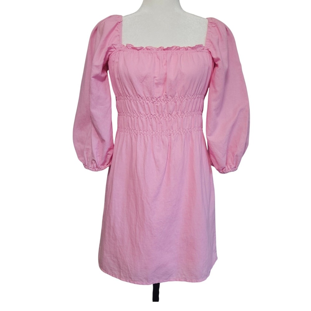 Charlie Holiday Dress Size 6 Pink Linen Smocked Milkmaid Puff Sleeve Coquette